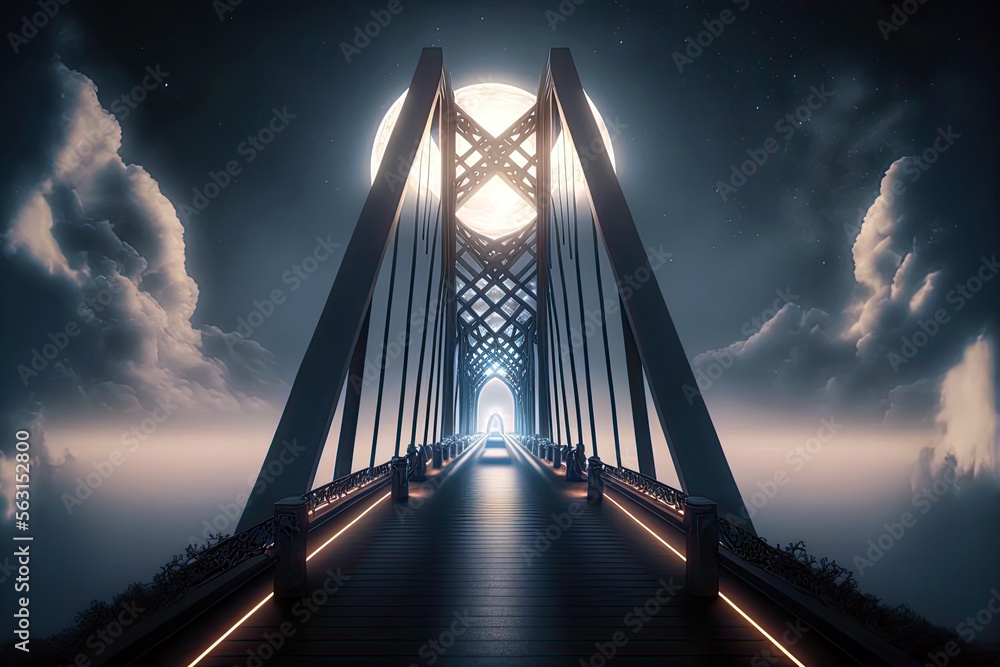 Large Suspension Bridge with Full Moon, Generative AI