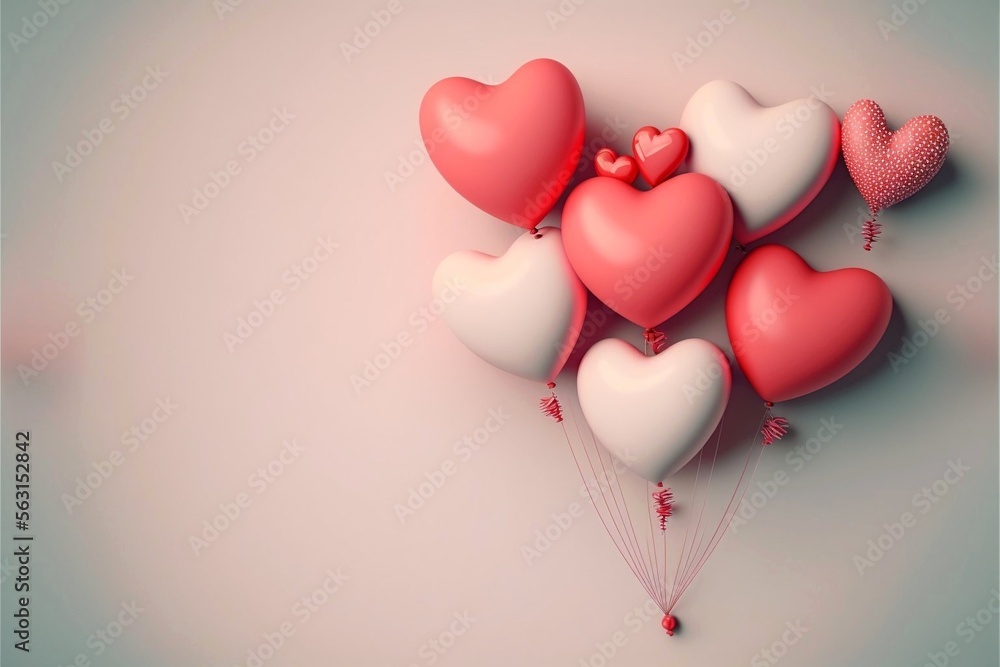 Red and white heart shaped balloons on a plain pink background, ai generated illustration