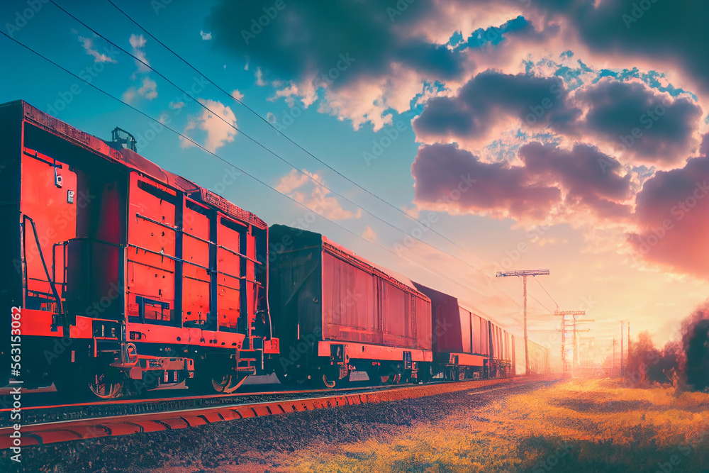 Fototapeta premium Güterzug auf Schienen im Sonnenuntergang - Generative Ai