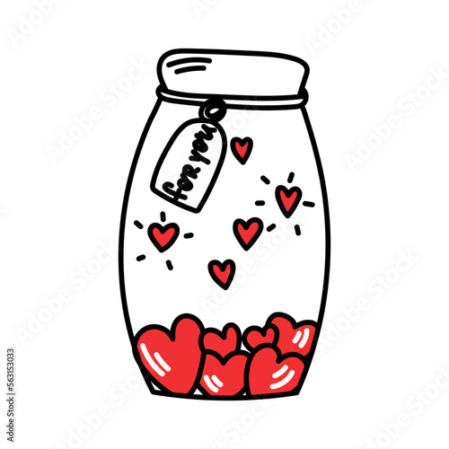 Jar with Hearts. Valentine hearts romantic vector hand drawn illustration