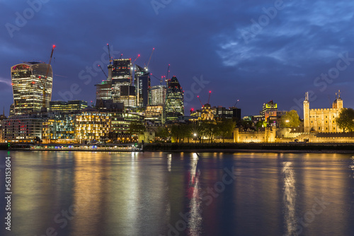 London s business district at night over the Thames