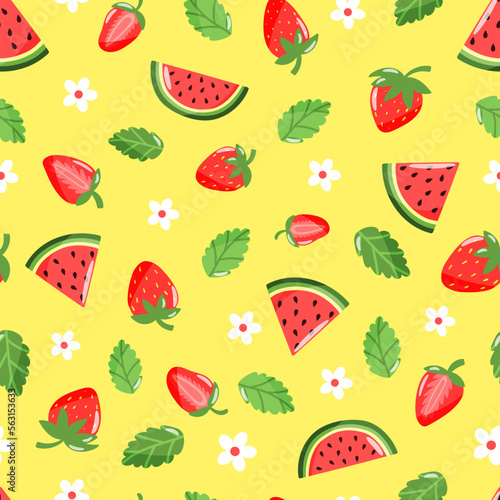Fototapeta Naklejka Na Ścianę i Meble -  seamless pattern on yellow background watermelon, strawberries and leaves