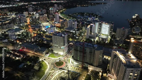Night aerial Sarasota roundabout traffic circle in the city photo