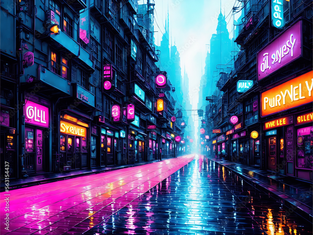 Neon and Pastel Rainy Cyberpunk Street Scene - Generative AI Image