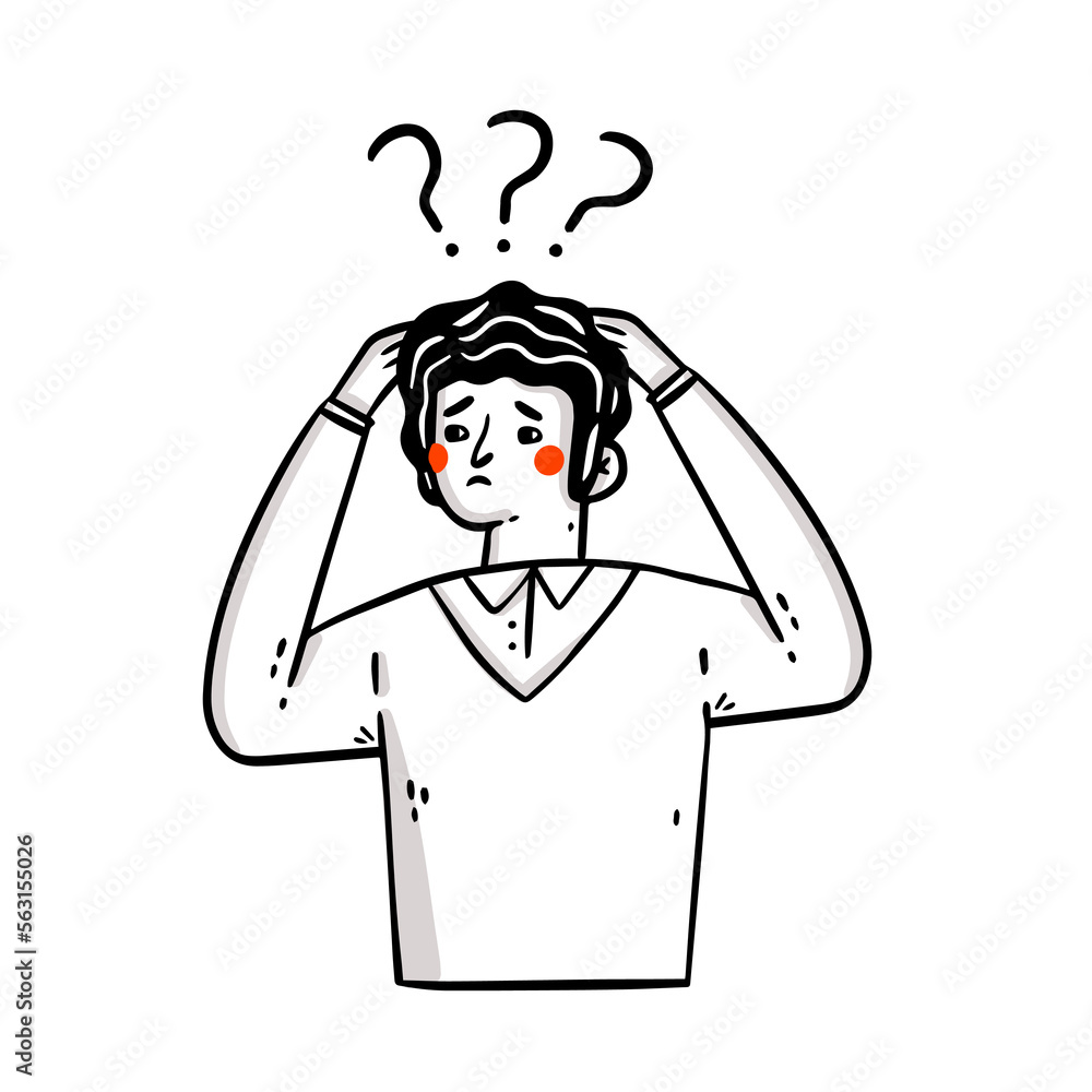 Thinking man surrounded by question mark. Business concept illustration. Man in doubt thinking with question marks over scratching head. Confusion, contemplation.