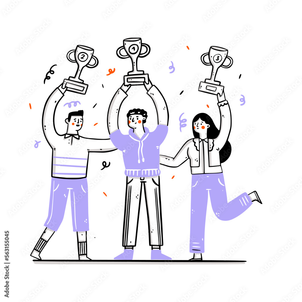 Set of happy competition champions holding golden cups.Group of joyful people with gold championship trophy celebrate victory win.Employee team with prize. Flat vector illustration 