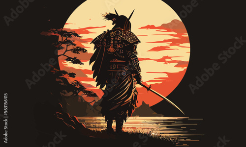 a samurai walking to the sun
