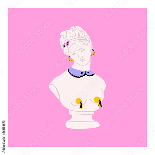 Greece statue with modern element on pink background.T-shirt print design template.Greece culture antique illustration collection. Historical cartoon drawing bundle. Antique art element with glasses