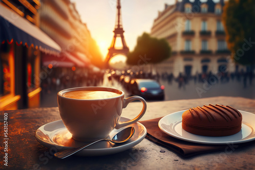 French delicious dessert and coffee on blurred background of Paris cozy street and Eiffel tower. Romantic evening view. Based on Generative AI