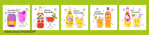Set of 5 poster of cute lemonades. Isolated. Vector cartoon character hand drawn style illustration. Kawaii smiling lemonade.Hand drawn cute vector for web,design,print, isolated on white.