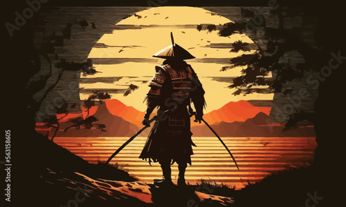 a samurai walking to the sun