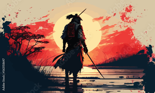 a samurai walking to the sun photo