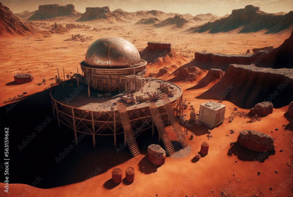 Mars the Red Planet Colonization with High Technology Base Landscape Concept, generative ai