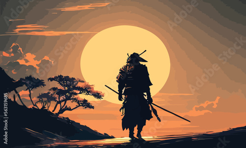 a samurai walking to the sun