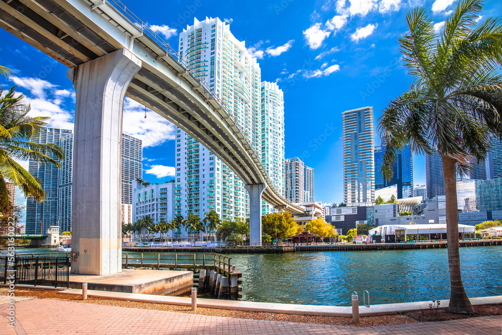 Miami downtown skyline and futuristic mover train above Miami river view