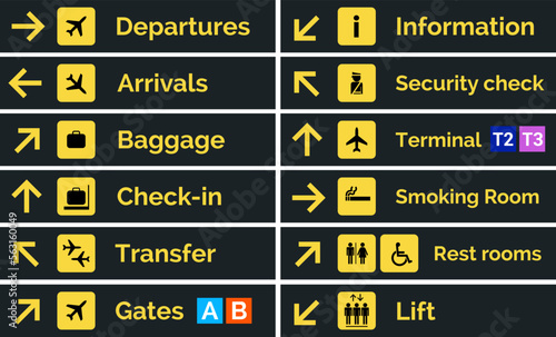 Airport sign departure arrival travel icon. Vector airport board airline sign, gate flight information photo