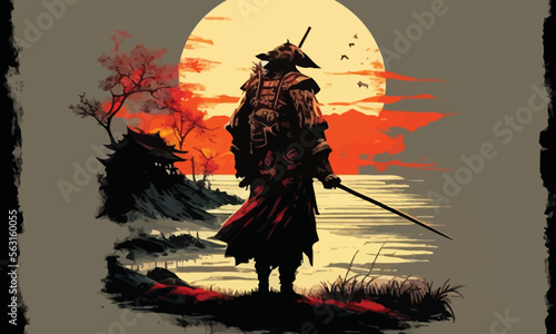 a samurai walking to the sun