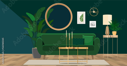 Luxury living room in house with modern interior design, green velvet sofa, coffee table, and elegant accessories.