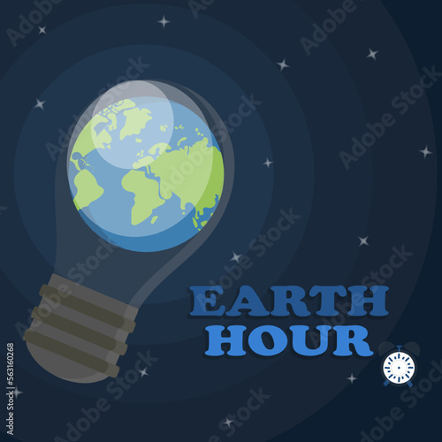 Earth hour flat vector design illustration with the earth on the lightbulb