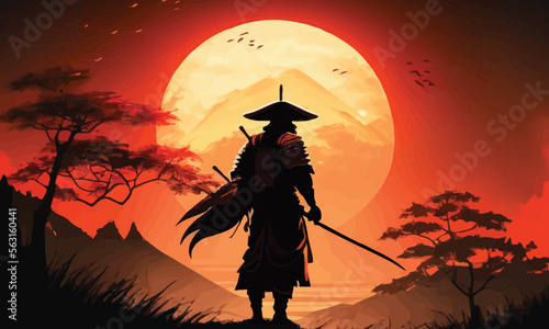 a samurai walking to the sun