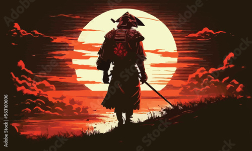 a samurai walking to the sun