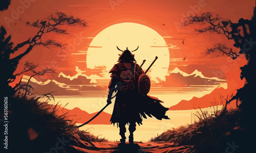a samurai walking to the sun