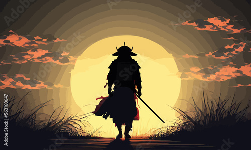 a samurai walking to the sun