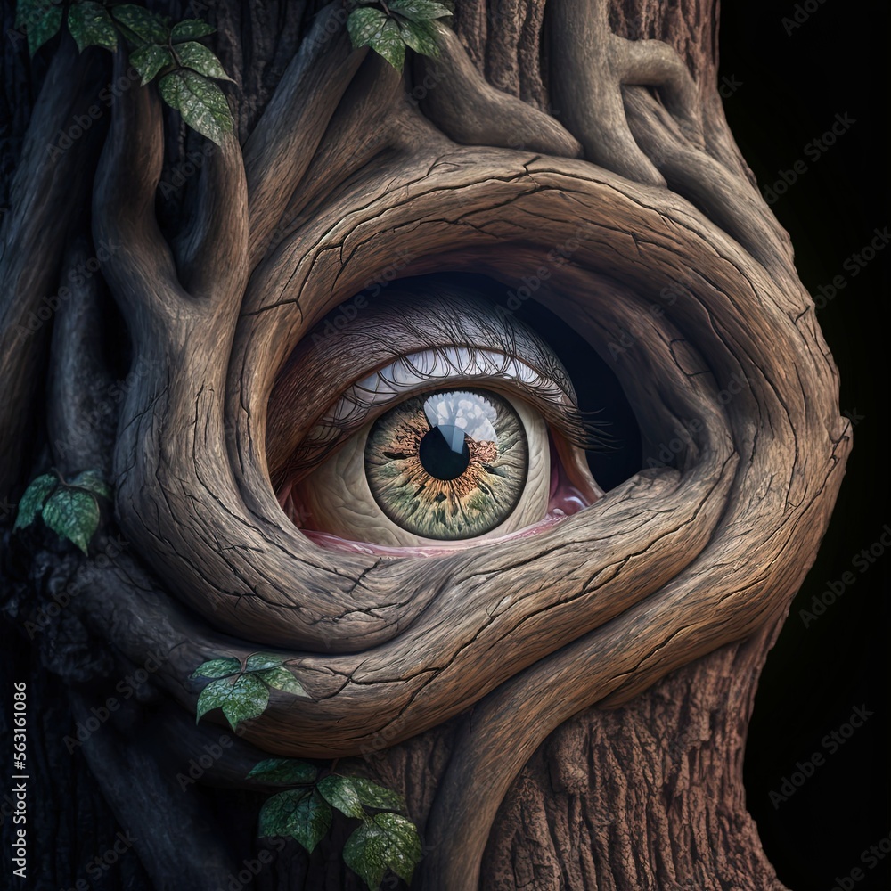 Close up of a tree trunk with a human eye looking out - AI generative art. Close up of a tree trunk with a human eye looking out - AI generative art.