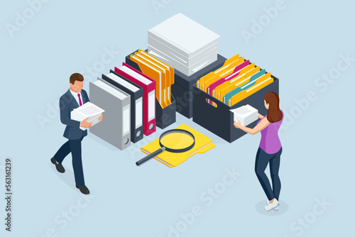 Isometric stacks of paperwork and files in the office, bureaucracy, overload. Bureaucrat in the office. Pile of paper documents, boxes and folders.