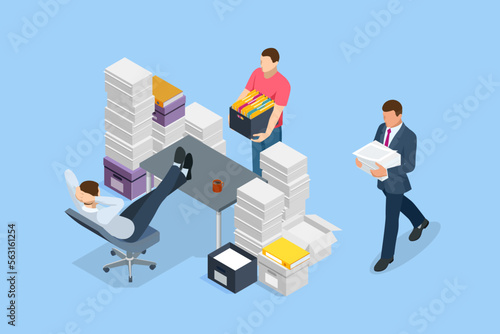 Isometric stacks of paperwork and files in the office, bureaucracy, overload. Bureaucrat in the office. Unorganized office work.
