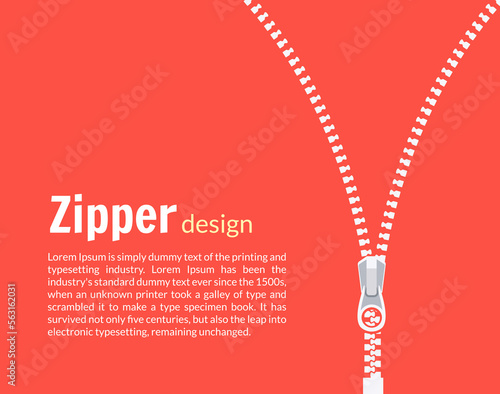 Open zipper teeth metal fastener isolated illustration. Unzip sewing black lock plastic zip buckle