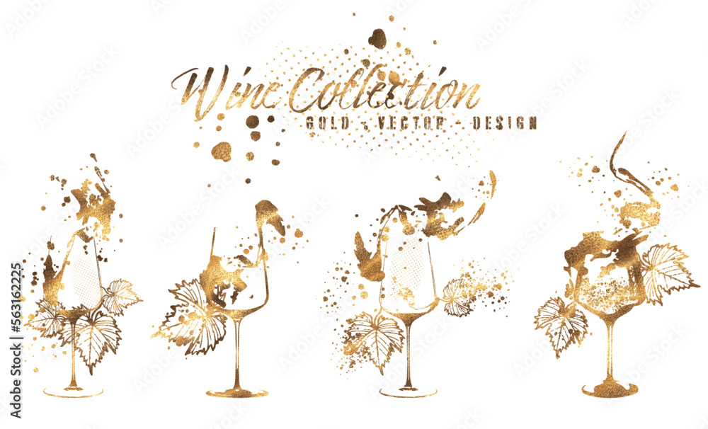 Fototapeta Wine Designs - Collection of wine glasses and bottles. Hand drawn elements for invitation cards, advertising banners, menus in gold style. Wine glasses with splashing wine. Sketch vector illustration
