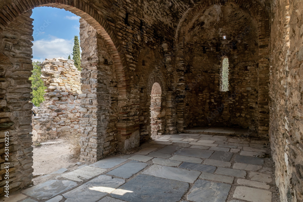 Fototapeta premium Ayios Marcos temple or Fragomonastiro, is a three aisled early Christian basilica with a narthex located at the archaeological site of Taxiarches Hill in Kaisariani district, Athens, Greece, inside