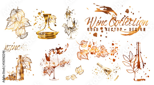 Wine Designs - Collection of wine glasses and bottles. Hand drawn elements for invitation cards, advertising banners, menus in gold style. Wine glasses with splashing wine. Sketch vector illustration 