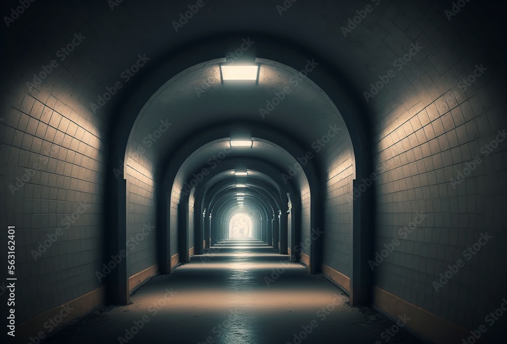 underground Tunnel with light at the end, AI generated illustration.