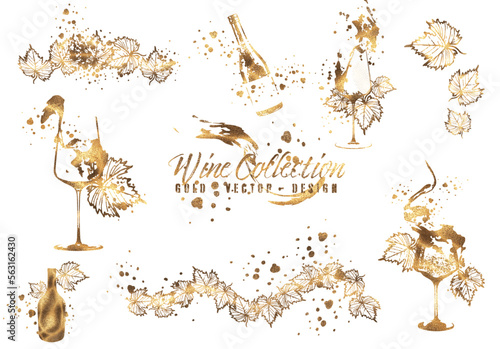 Wine Designs - Collection of wine glasses and bottles. Hand drawn elements for invitation cards, advertising banners, menus in gold style. Wine glasses with splashing wine. Sketch vector illustration
