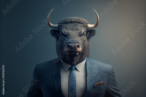 Portrait of anthropomorphic smiling buffalo business suit