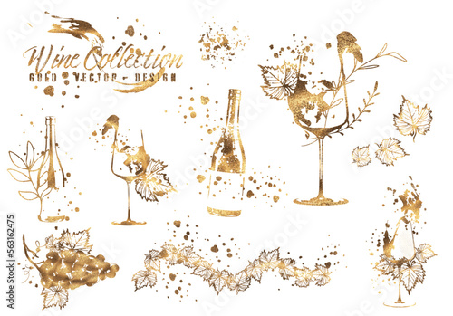 Wine Designs - Collection of wine glasses and bottles. Hand drawn elements for invitation cards, advertising banners, menus in gold style. Wine glasses with splashing wine. Sketch vector illustration
