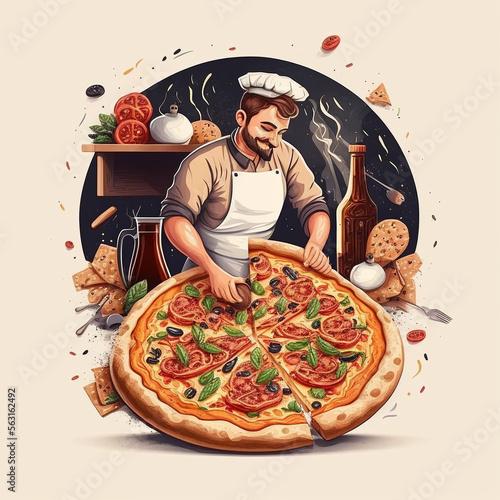 Illustration Logo Pizzeria, Pizza Logo, Chef Pizza, 