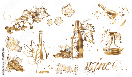 Wine Designs - Collection of wine glasses and bottles. Hand drawn elements for invitation cards, advertising banners, menus in gold style. Wine glasses with splashing wine. Sketch vector illustration
