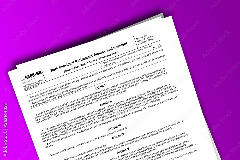 Fototapeta premium Form 5305-RB documentation published IRS USA 09.16.2017. American tax document on colored