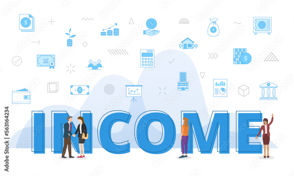 business income concept with big words and people surrounded by related icon with blue color style