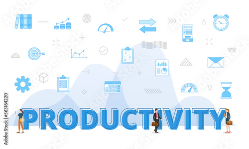 productivity concept with big words and people surrounded by related icon with blue color style