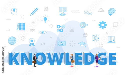 knowledge concept with big words and people surrounded by related icon with blue color style