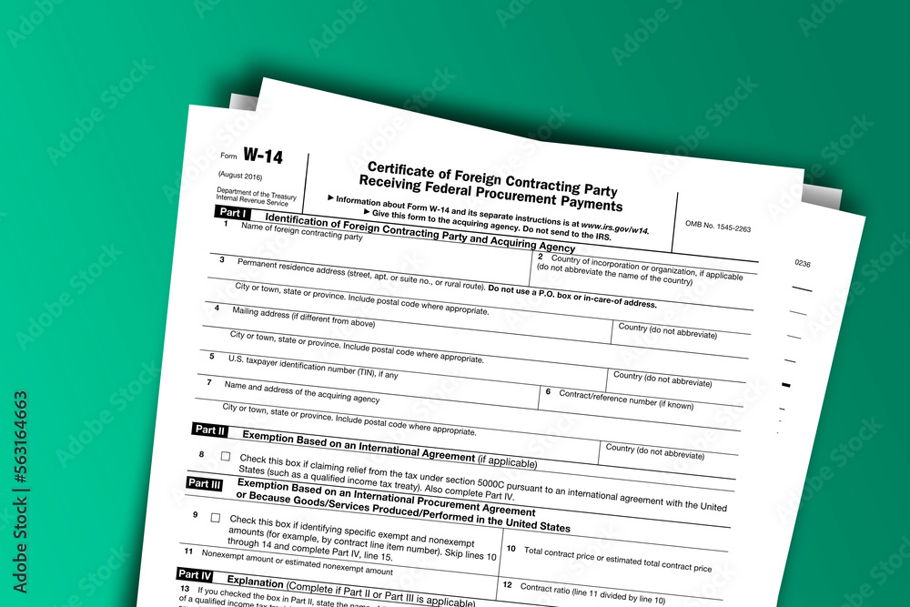 Form W-14 documentation published IRS USA 08.19.2016. American tax document on colored