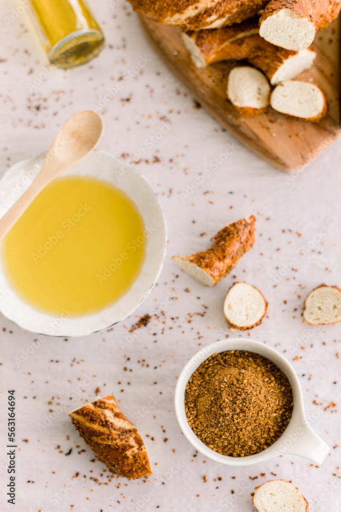 zahter (zahtar) spice in white bowl. shooting from the top and the opposite. zahter (zahtar) spice in white bowl. shooting from the top and the opposite.