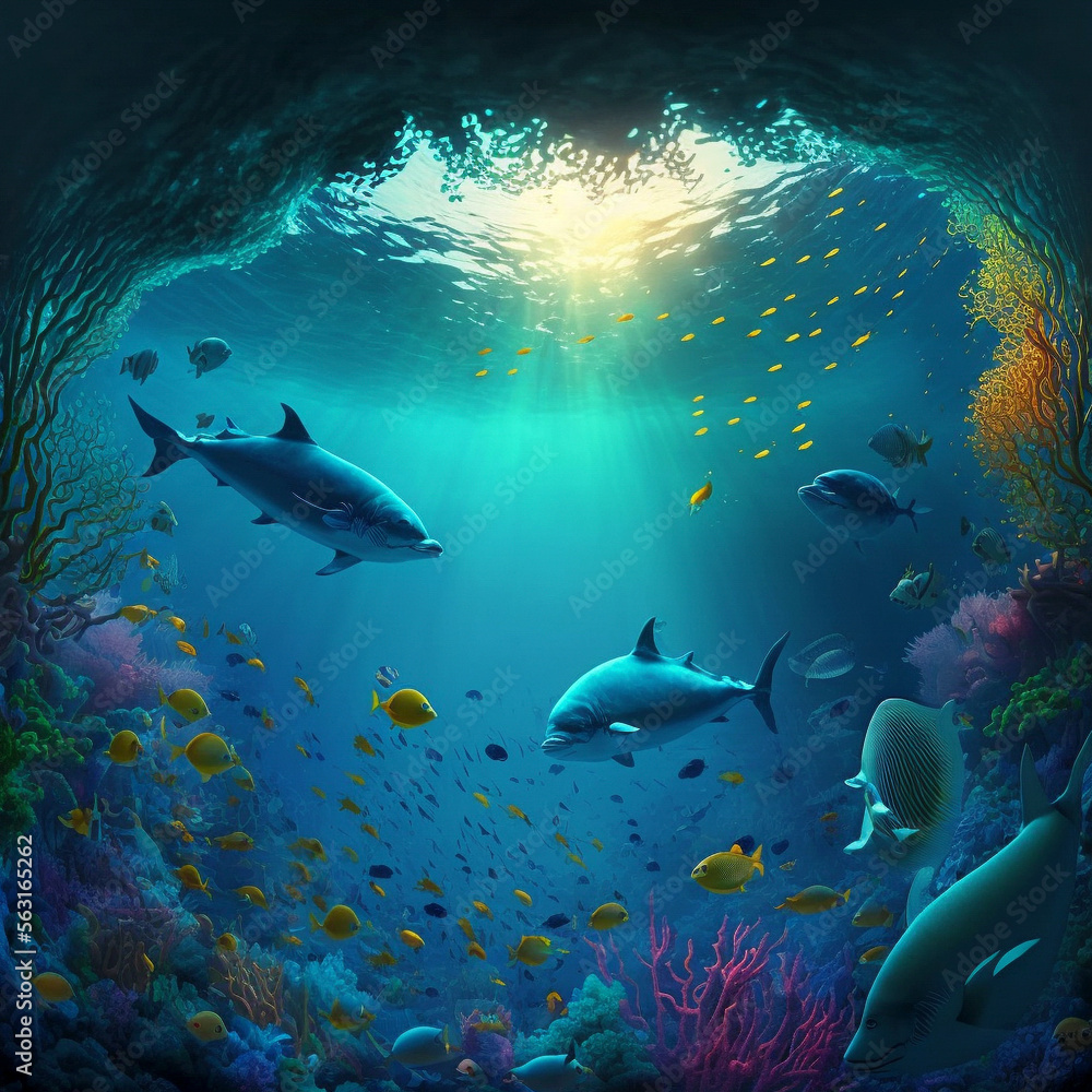 Fototapeta premium Beautiful Vivid Underwater Reef Teaming with Sea Creatures Vibrant Colors Colorful Fishes, Coral Reef. Marine Life