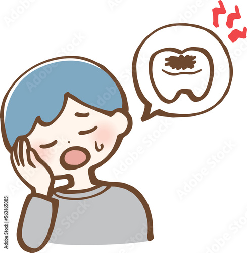 虫歯　歯が痛む　腫れる　男性　シンプルイラスト
