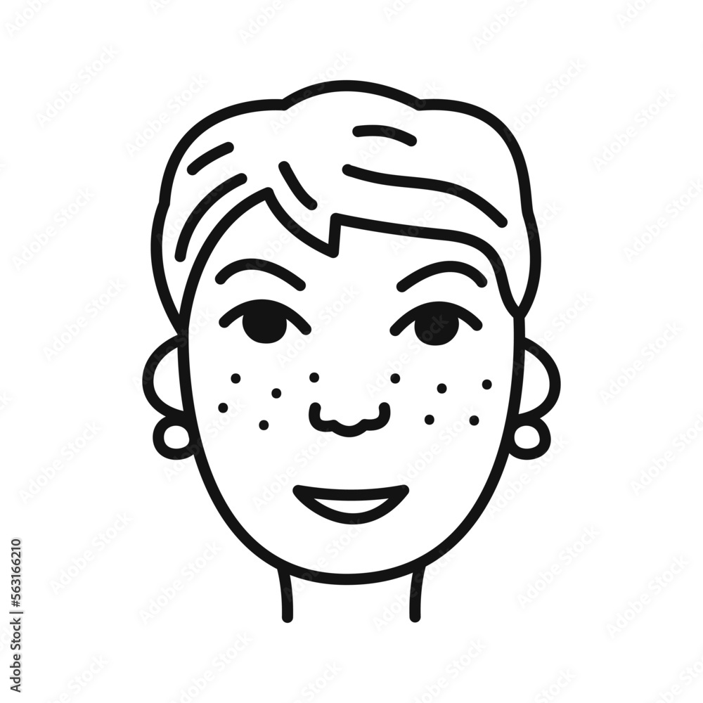 The face of a woman with a short haircut and freckles. Hand drawn portrait of person avatar in doodle style. Isolated vector illustration. The face of a woman with a short haircut and freckles. Hand drawn portrait of person avatar in doodle style. Isolated vector illustration.