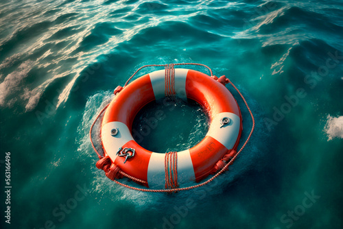 Orange lifebuoy in the sea on the water. Generative AI